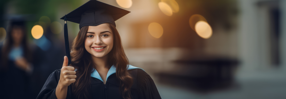 Smiling graduate in cap and gown giving thumbs-up with warm bokeh lights in background creating celebratory atmosphere.